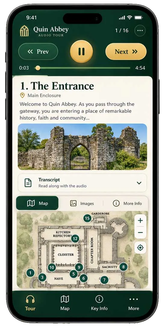 WayWyser Quin Friary audio tour screen showing playback controls, stop details and a site map