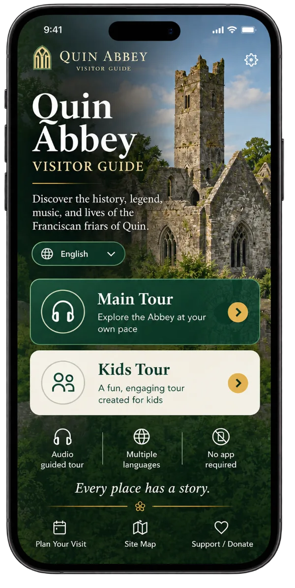 WayWyser Quin Friary visitor guide welcome screen on a phone