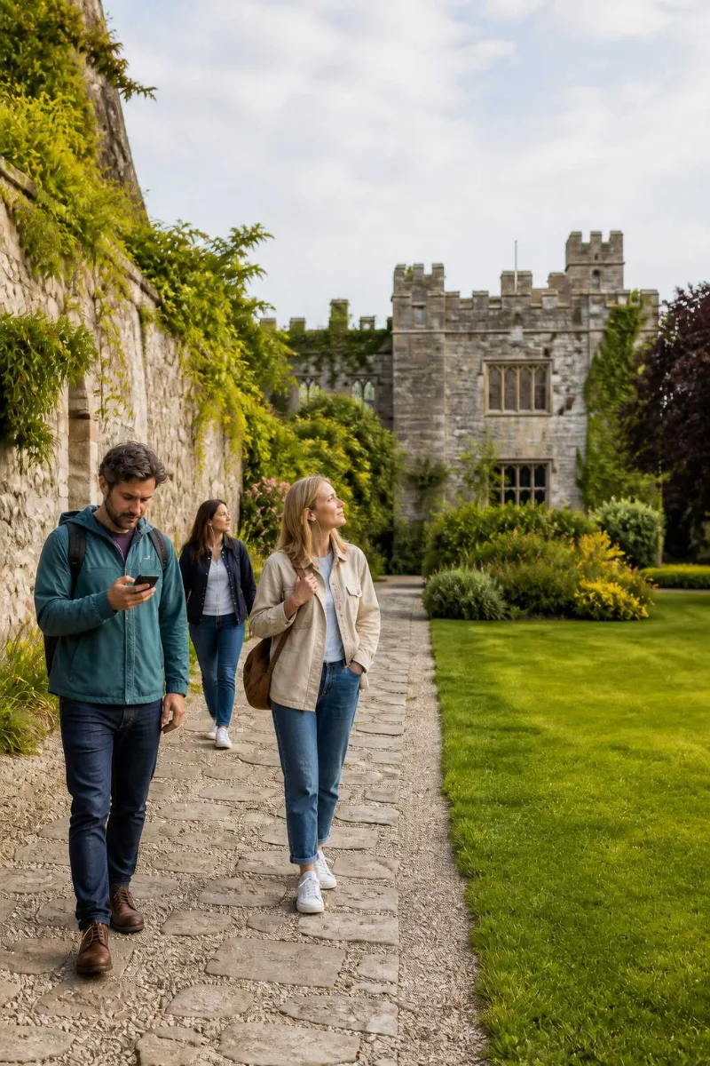 Visitors using phones while walking through heritage gardens